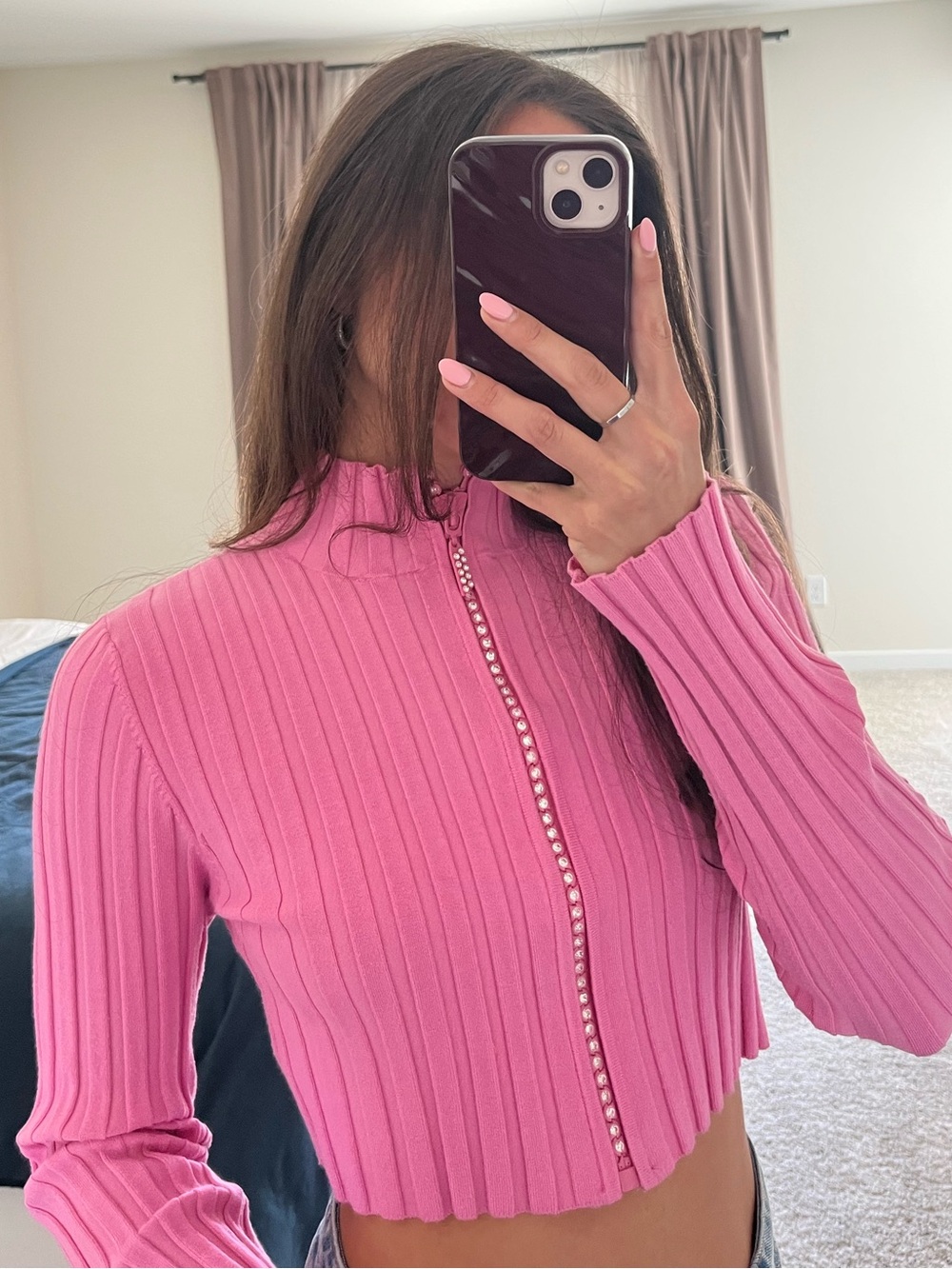 Belldini Pink Ribbed Zip-Up Crop Top